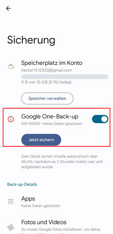Google One Back-up aktivieren