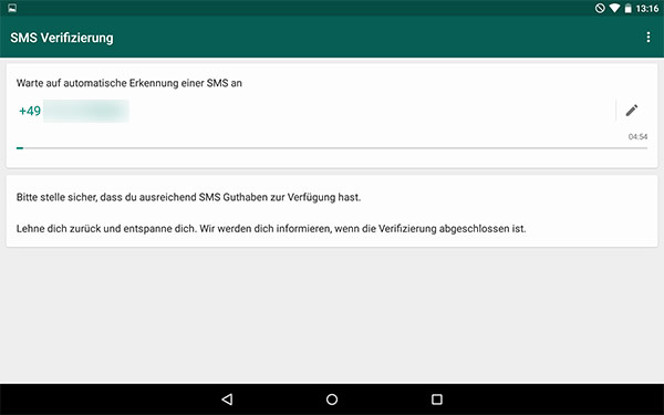 WhatsApp für Tablet SMS Verifizierung