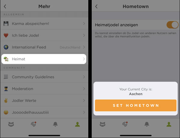 Jodel-Heimat einstellen