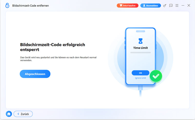 Bildschirmzeit-Code erfolgreich entfernt