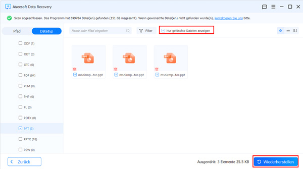 Gelöschte Dateien anzeigen