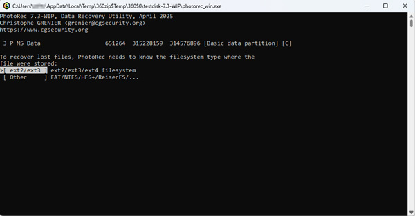 Dateisystem in Photorec auswählen