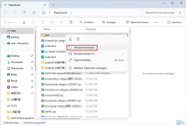gelöschte Ordner aus Papierkorb wiederherstellen