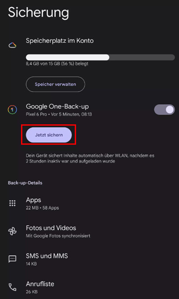 Google Sicherung in den Einstellungen finden