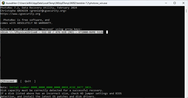 PhotoRec Oberfläche