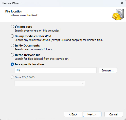 Speicherort in Recuva auswählen