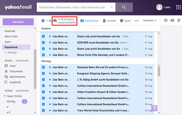 Yahoo-Mail aus Papierkorb auf PC wiederherstellen