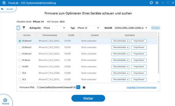 IPSW-Version auswählen