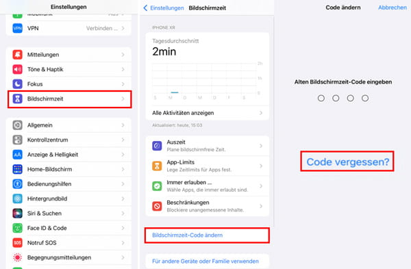 iPhone Bildschirmzeit-Code zurücksetzen in den Einstellungen
