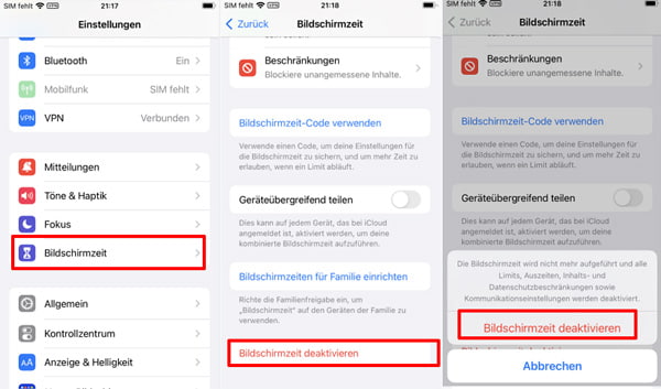 Bildschirmzeit in Einstellungen deaktivieren