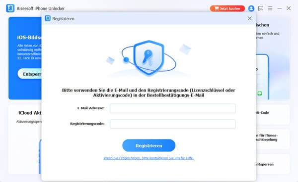 Registrierungscode nach dem Einloggen eingeben