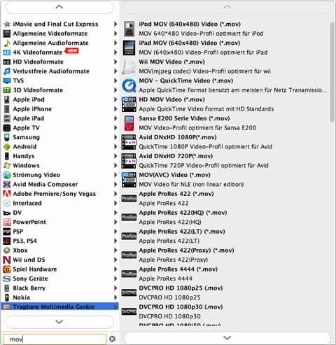 Das Ausgabeformat für Final Cut Pro wählen