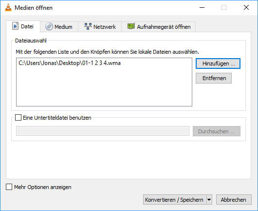 WMA-Datei in VLC hinzufügen