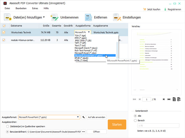 Ausgabeformat auswählen