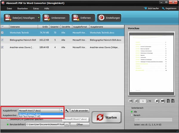 Ausgabeformat wählen