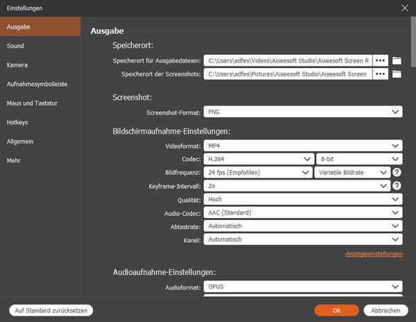 Ausgabeformat einstellen