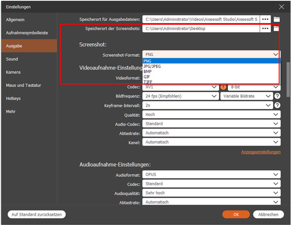 Screenshot-Einstellungen anpassen