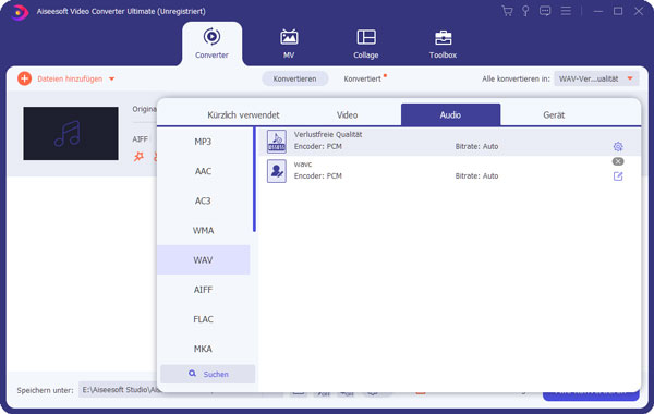Ausgabeformat von WAV-Dateien auswählen