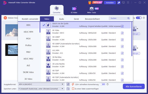Ausgabeformat einstellen