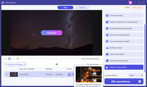 Modell für Schwachlicht auswählen