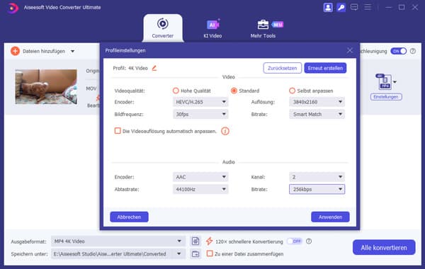 Parameter des MP4 Videos einstellen