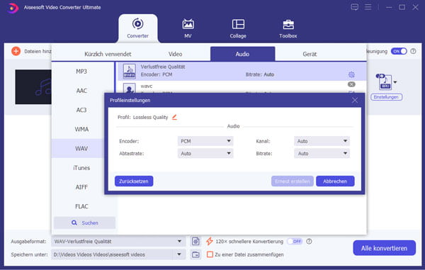 WAV-Profileinstellungen anpassen