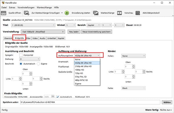 8K in HandBrake auswählen