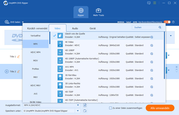 MP4 als Ausgabeformat auswählen