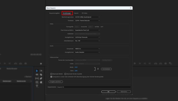 Neue Sequenz in Premiere Pro erstellen