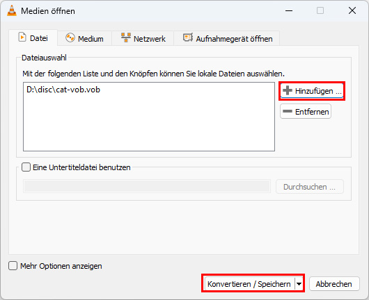 VOB in VLC hinzufügen