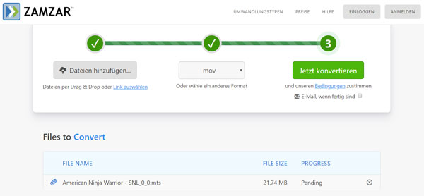 MTS für Final Cut Pro umwandeln auf Zamzar
