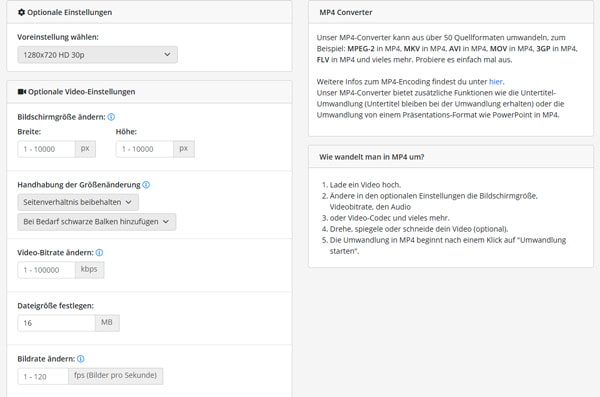 Online-Converter Einstellungen
