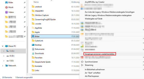 Bilder aus Vorgängerversionen wiederherstellen