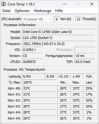 CPU-Temperatur mit Core Temp überprüfen