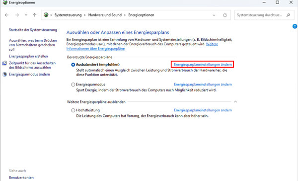 Energiesparplaneinstellungen ändern