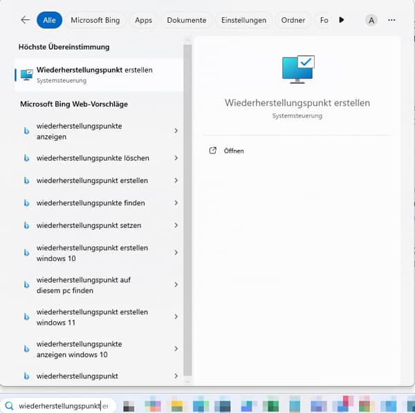 nach Wiederherstellungspunkt suchen