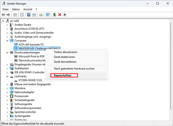 Treiber Eigenschaften öffnen