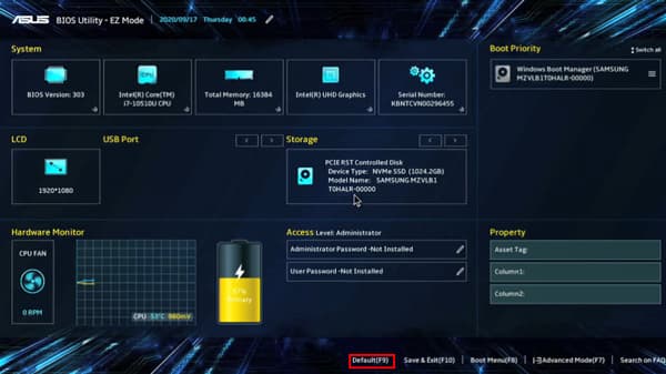 UEFI-Standardeinstellungen anzeigen
