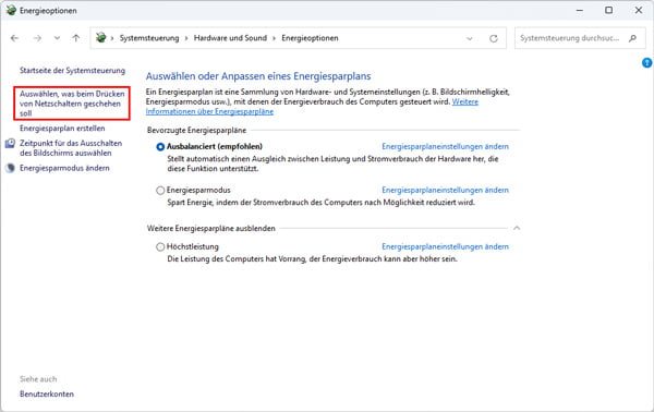 Verhalten des Netzschalters definieren