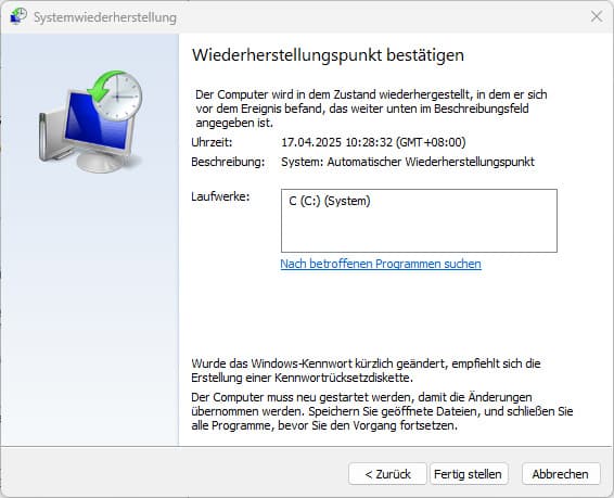 Wiederherstellungspunkt bestätigen