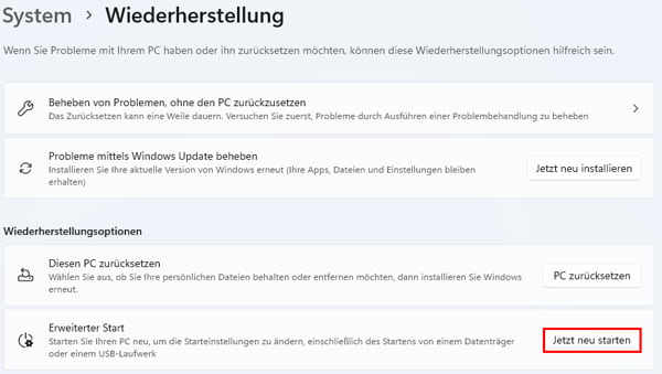 Windows Erweiterter Start ausführen