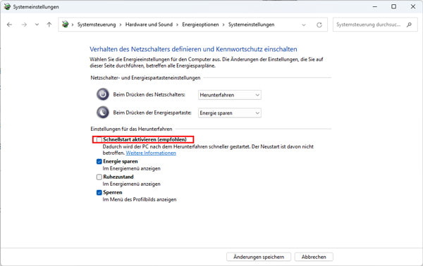 Windows-Schnellstart deaktivieren