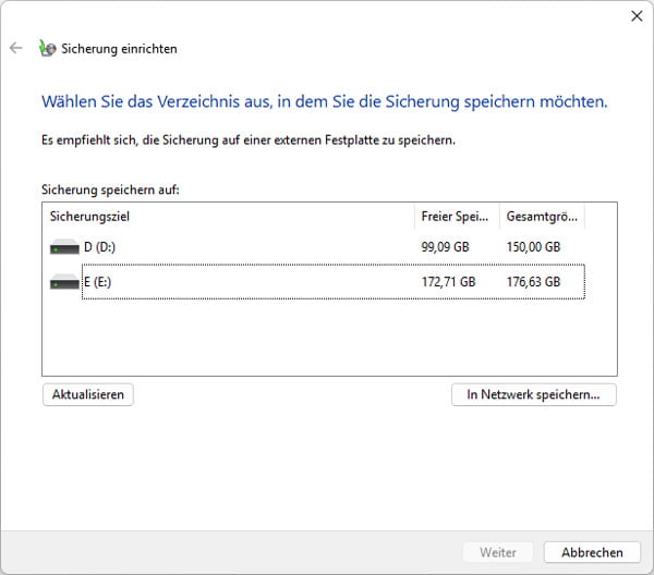 Winsows Sicherung einrichten