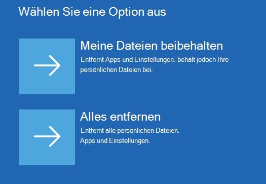 Windows Zurücksetzungsoptionen auswählen